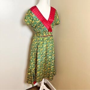Alchemy Recycled Sari Midi Dress  Ethically Made in India  V-Neck  Size Medium